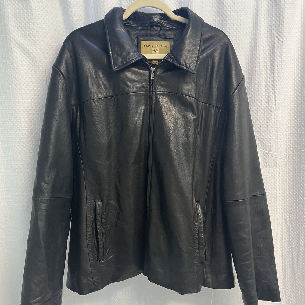 Boston Harbour Full Zip Black Leather Coat Motorcycle Grunge XXL Men's
